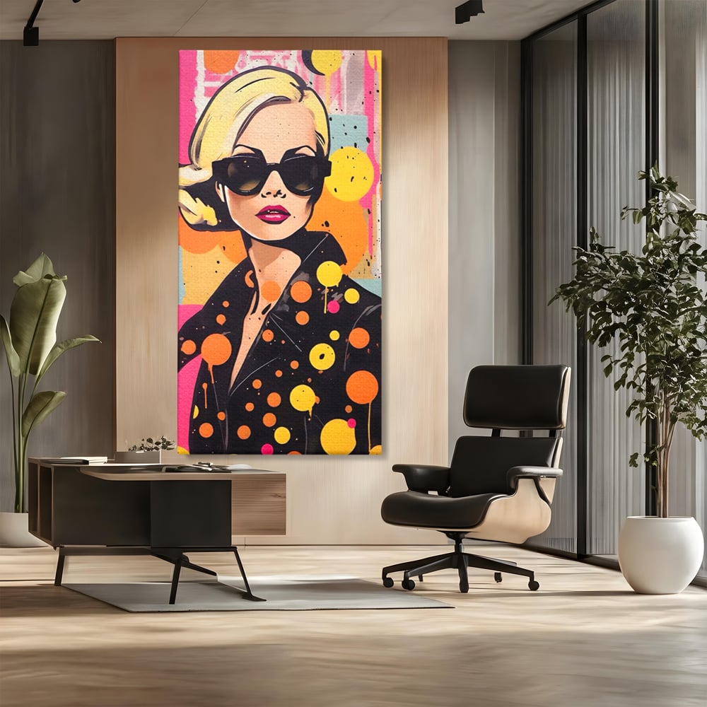 Tablou canvas cu tablou canvas portret femeie ochelari, fara rama, pe sasiu de lemn, pe perete intr-un birou